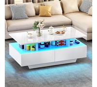 YITAHOME Table basse avec rangement, haute brillance, 16 couleurs réglables, tables basses à LED pour salon, table basse blanche avec étagère ouverte et 4 tiroirs, table basse rectangulaire moderne en