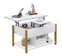 YITAHOME Table Basse Réglable en Hauteur, Multifonctionnelle 4 en 1 Avec Espace de Rangement, Se Transforme en Table de Salle à Manger pour Le Salon, Marbre Blanc
