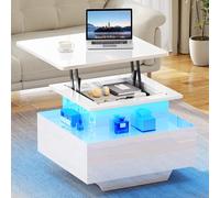 YITAHOME Table Basse Relevable, 60x60x45cm Table Basse Salon LED Moderne avec Surface Haut Brillant et 2 Tiroirs, pour Salon, Bureau