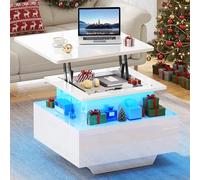 YITAHOME Table Basse Relevable, 60x60x45cm Table Basse Salon LED Moderne avec Surface Haut Brillant et 2 Tiroirs, pour Salon, Bureau