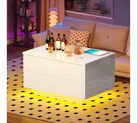 YITAHOME Table Basse Relevable avec Plateau Relevable, Table de Salon à LED, Haute Brillance Moderne, avec Rangement Compartiment Caché et 4 Tiroirs, Blanc, 80 x 55 x 46 cm