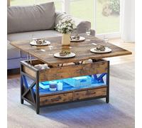 YITAHOME Table Basse Relevable et Extensible, Table à Manger avec Plateau Pliant, avec 2 Tiroirs et LED et Compartiment Caché pour Salon, Bureau, 90x50x51,5cm