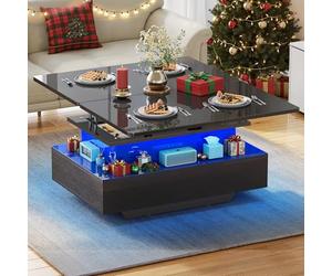 YITAHOME Table Basse Relevable Extensible, Haut Brillant Table de Salon avec LED Moderne et 2 Tiroirs, 4 en 1 Table Basse Transformable pour Le Salon