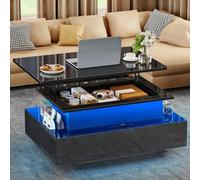 YITAHOME Table Basse Relevable, Table de Salon Rectangulaire avec 16 LED colorées Moderne et 2 Tiroirs, Surface avec Lumière Elevée