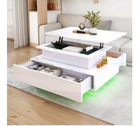 YITAHOME Table Basse Relevable, Table de Salon Rectangulaire avec LED 16 colorées et 2 Tiroirs, Surface avec Lumière Elevée, Blanc