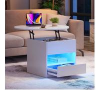 YITAHOME Table Basse Ronde à Plateau Relevable avec Compartiment de Rangement Caché, Table avec LED, Table Basse Moderne Blanche