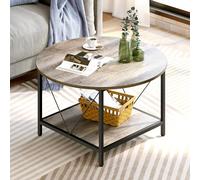 YITAHOME Table Basse Ronde avec Etagère de Rangement, Table de Salon Industrielle à 2 Niveaux, Table Basse en Bois pour Salon, Cadre en Métal Robuste, Délavé Gris, 80 x 80 x 46 cm