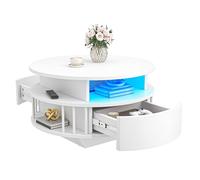 YITAHOME Table Basse Ronde Moderne avec LED, 70 cm, 2 Niveaux de Rangement et 2 Tiroirs, Design Canné, Étagères, Table d'Accent pour Salon, Blanc