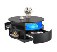 YITAHOME Table Basse Ronde Moderne avec LED, 70 cm, 2 Niveaux de Rangement et 2 Tiroirs, Design Canné, Étagères, Table d'Accent pour Salon, Noir