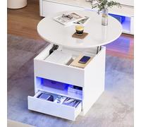 YITAHOME Table Basse Ronde réglable en Hauteur avec Plateau de Levage, Table de Salon Brillante avec Compartiment de Rangement caché et éclairage LED Moderne, Table d'appoint Ronde avec 1 tiroir