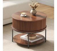 YITAHOME Table Basse Ronde, Table Basse avec Étagère Ouverte, Tables Cannelée avec Portes Coulissantes à Tambour pour Salon Et Chambre à Coucher, Couleur Noyer