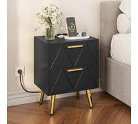 YITAHOME Table de Chevet avec 2 Tiroirs, 2 Ports USB et 2 Prises de Courant, Table d'Appoint avec Pieds et Poignées en Métal Doré, Bout de Canapé pour Salon, Chambre à Coucher, 40x 30 x 52cm, Noir
