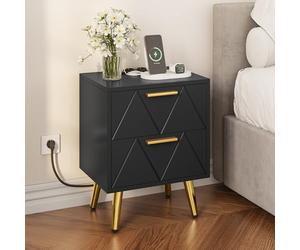 YITAHOME Table de Chevet avec 2 Tiroirs, 2 Ports USB et 2 Prises de Courant, Table d'Appoint avec Pieds et Poignées en Métal Doré, Bout de Canapé pour Salon, Chambre à Coucher, 40x 30 x 52cm, Noir
