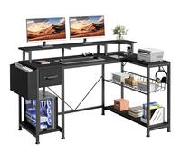 YITAHOME Table de Jeu avec Prises et lumières LED en Forme de L avec Support pour écran, Bureau d'angle avec tiroirs et étagères, Bureau d'ordinateur pour Bureau à Domicile, 137 x 50 x 92 cm, Noir