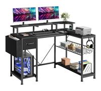 YITAHOME Table de Jeu avec Prises et lumières LED en Forme de L avec Support pour écran, Bureau d'angle avec tiroirs et étagères, Bureau d'ordinateur pour Bureau à Domicile, 120 x 50 x 92 cm, Noir