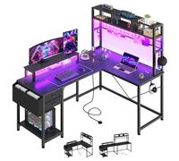 YITAHOME Table de Jeu en Forme de L avec Prises et lumières LED - Bureau d'angle réversible avec étagères - Bureau d'ordinateur pour Maison et Bureau - 150 x 100 x 150 cm - Noir