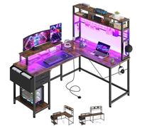 YITAHOME Table de Jeu en Forme de L avec Prises et lumières LED - Bureau d'angle réversible avec étagères - Bureau d'ordinateur pour Maison et Bureau - 150 x 100 x 150 cm - Marron