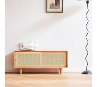 YITAYMLI Banc à Chaussures d'entrée en Bois avec Rangement 3 Niveaux, Banc de Changement de Chaussures Porte d'entrée, Portes en rotin tressé Respirantes, Couloir et Salon(Cherry Wood,60cm/23.6in)