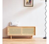 YITAYMLI Banc à Chaussures d'entrée en Bois avec Rangement 3 Niveaux, Banc de Changement de Chaussures Porte d'entrée, Portes en rotin tressé Respirantes, Couloir et Salon(Natural Wood,60cm/23.6in)