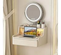 YITAYMLI Coiffeuse Suspendue avec tiroir et éclairage LED, Table de Maquillage Murale Multifonction Chambre, Portes d’Armoire en Verre, Plateau Extensible en Pierre frittée(70cm/27.6in)