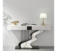 YITAYMLI Console Demi-Lune contemporaine Plateau en Ardoise,idéale pour Une entrée ou Un canapé et étroite Deux tiroirs de Rangement piètement Original en Acier au Carbone(Black B,140cm/55.1IN)