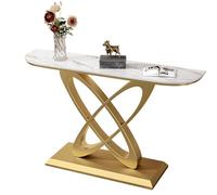YITAYMLI Table Console Demi-Lune Moderne, Table en Marbre pour Entrée Ultra Étroit, Finition Antique,Base en Métal de Luxe,Plateforme d’Accueil à Coins Arrondis,pour Couloir(Golda,150CM/59IN)