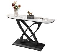 YITAYMLI Table Console Demi-Lune Moderne, Table en Marbre pour Entrée Ultra Étroit, Finition Antique,Base en Métal de Luxe,Plateforme d’Accueil à Coins Arrondis,pour Couloir(BlackA,150CM/59IN)
