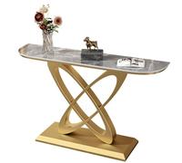 YITAYMLI Table Console Demi-Lune Moderne, Table en Marbre pour Entrée Ultra Étroit, Finition Antique,Base en Métal de Luxe,Plateforme d’Accueil à Coins Arrondis,pour Couloir(GoldD,150CM/59IN)