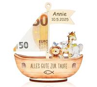 YiTePeDo Coffret Cadeau Baptême avec Bateau LED Lumineux - Bateau en Bois sur Socle & Éclairage Multicolore - Cadeaux de Baptême Garçon/Fille - Présent d'Argent & Souvenir de Baptême