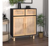 YITHOPI Buffet noir - Armoire de salon - Avec beaucoup d'espace de rangement - Pour chambre à coucher, couloir, salon, cuisine - 60 x 30 x 75 cm - Bois massif de pin et rotin naturel