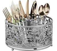 YIUKEA Panier à ustensiles rotatif à 360° - Porte-couverts avec 4 compartiments, organiseur de couverts en métal avec poignée pour fête, camping, pique-nique, comptoir de cuisine, bureau (argenté)