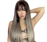 YIWEOG Perruque de cheveux humains longue noire avec frange et bonnet de perruque, sans colle, lisse, ombré naturel, 26 pouces