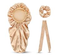 YIXANNX 3 pièces Satin sommeil bonnet ensemble large bord sale tressé cheveux chapeau cravate Wrap soyeux queue de cheval corde bande soins pour femmes unisexe, Champagne Or