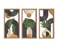 Yixuan 3 Pièces Sculptures Murales Décoratives en Bois Léger, Décor Boho Chic avec Motifs Feuille de Palmier et Formes Géométriques, Art Mural Abstrait Moderne pour Salon, Chambre, Entrée ou Bureau