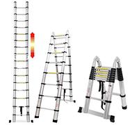 Yiyai Échelle Télescopique 3,8m/1,9 m + 1,9 m Échelle télescopique avec stabilisateur - Échelle Multi-Usage - Charge maximale : 150 kg, Échelle Escabeau Télescopique en Aluminium 12 Echelons Argent