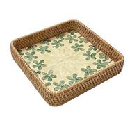 YiYeraio Plateau en rotin avec trèfle de style bohème - Assiette de service décorative tissée à la main avec motif porte-bonheur - Organiseur créatif pour desserts, fruits, collations pour ferme,