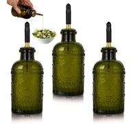 Yiyiring Lot de 3 distributeurs d'huile d'olive de 200 ml, bouteilles en verre vert olive avec bec verseur en métal et couvercle, élégant huilier et vinaigre de cuisine pour la cuisine, la salade, la