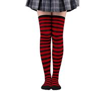 YIzdegg Chaussettes en laine pour femme - Bas de cuisse rayés pour Halloween - Jambières - Bas autofixants - Noir - Sans dentelle, rouge, taille unique