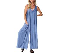 YIzdegg Combinaison pour femme sans manches, col en V, pantalon ample avec poches, combinaison décontractée, combinaison sexy, légère, séchage rapide, pour le jogging, l'extérieur, la plage, bleu