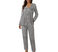YIzdegg Lot de 2 pyjamas d'hiver à carreaux pour femme avec boutons - Coupe droite - Vêtement de nuit et pantalon de pyjama - Col rabattu - Nuisette et pantalon de salon confortable, Noir , XXL