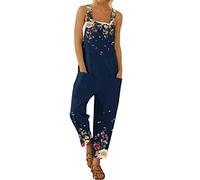 YIzdegg Salopette de travail d'été pour femme - Avec poches - Motif floral coloré - Imprimé - Bretelles spaghetti - Salopette d'été sans manches - Baggy - Combinaison en jean confortable et extensible