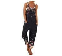 YIzdegg Salopette de travail d'été pour femme - Avec poches - Motif floral coloré - Imprimé - Bretelles spaghetti - Salopette d'été sans manches - Baggy - Combinaison en jean confortable et extensible