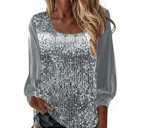 YIzdegg T-shirt à manches longues pour femme - Pull à paillettes - Col rond - Manches longues - Beau brillant - T-shirt à paillettes - Élégant - Chemisier festif - Soirée - Haut à paillettes - Automne