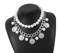 YIZITU Collier ras du cou double couche de perles d'imitation vintage avec médaillons en métal pour femme Cadeau de fête