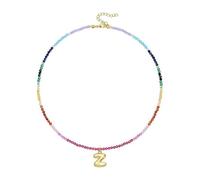 YIZITU Collier réglable en forme de lettre à bulles arc-en-ciel avec perles de pierres précieuses colorées, plaqué or 14 carats, accessoire de bijoux de plage, collier avec initiale, taille unique