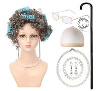 YIZITU Costume d'Halloween pour grand-mère pour filles, costume de vieille femme, collier de grand-mère, lunettes de grand-mère, accessoires de déguisement