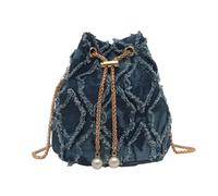 YIZITU Denims Sac seau avec cordon de serrage pour femme - Spacieux - Pompons - Petit sac à bandoulière - Avec sangle réglable - Jeans - Bandoulière pour femme, bleu, One Size