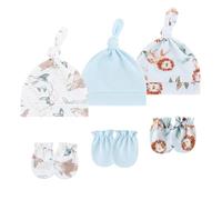 YIZITU Lot de 3 bonnets confortables et respirants pour bébé - Couleur unie - Bonnet noué imprimé avec moufles assorties - Design unisexe pour nouveau-né quotidien - Moufles et chapeau en coton