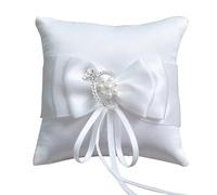 YIZWINS Coussin Alliance Mariage, Porte Alliance Mariage Porteur Oreiller Anneau Rustique Mariage Coussin Porte-Alliance en Dentelle avec des Perles Couleur Ivoire(10 x10 cm)