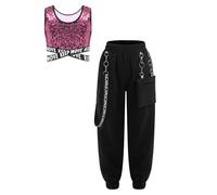 YiZYiF 2Pcs Ensemble Danse Hip Hop à Paillettes Enfant Fille Débardeur Court et Pantalon de Jogging Costume Danse Jazz Vêtements de Danse de Rue Streetwear 5-16 ans Rose 13-14 ans